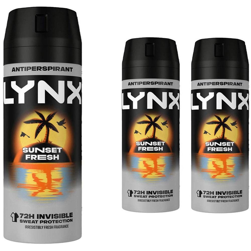 Lynx Sunset Fresh 72H Protection Antiperspirant Aerosol Deodorant Spray 150ml 3 Pack