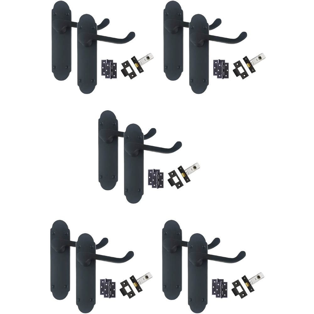 Golden Grace Matt Black Victorian Scroll Latch Door Handle Pair 168 x 40mm 5 Pack