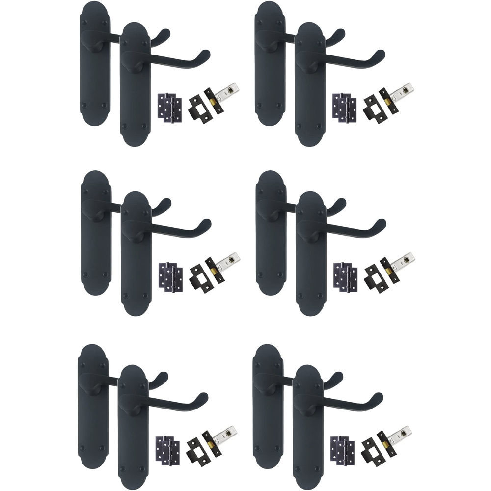 Golden Grace Matt Black Victorian Scroll Latch Door Handle Pair 168 x 40mm 6 Pack