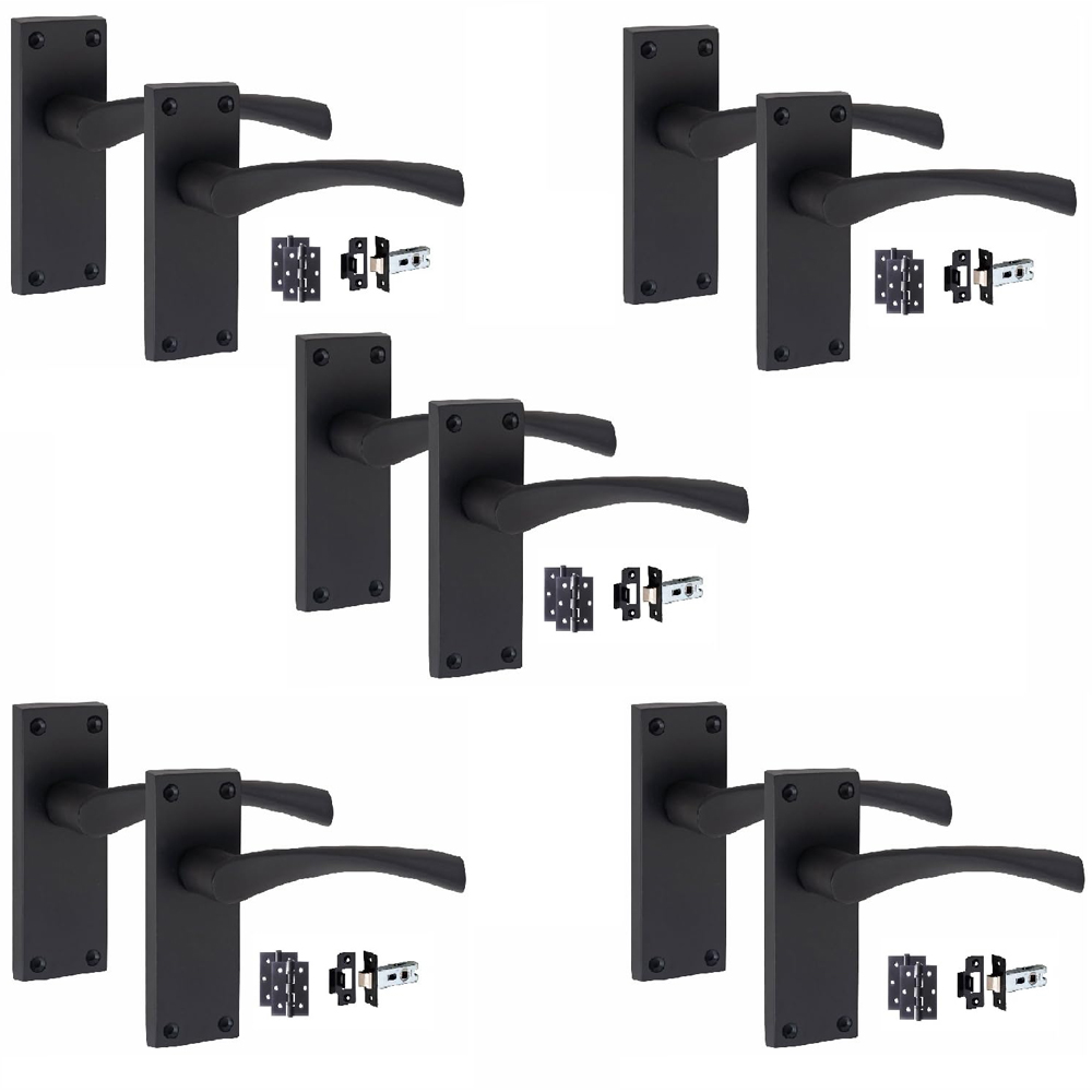 Golden Grace Matt Black Victorian Scroll Astrid Latch Door Handle with Hinge 5 Pack 120 x 40mm