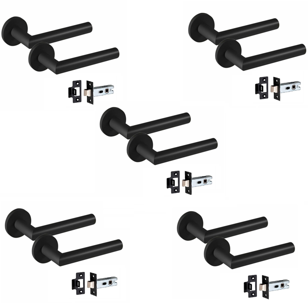 Golden Grace Mitred Matt Black Door Handle Pair with Tubular Latch 52mm 5 Pack