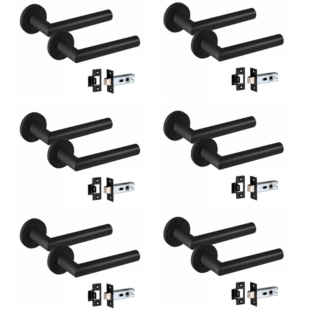 Golden Grace Mitred Matt Black Door Handle Pair with Tubular Latch 52mm 6 Pack