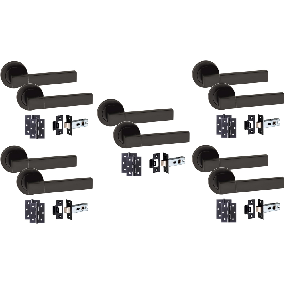 Golden Grace Capri Matt Black Door Handle Pair with Tubular Latch and Hinges 52mm 5 Pack