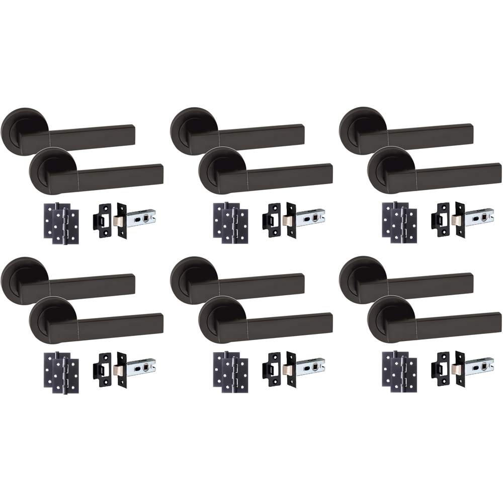 Golden Grace Capri Matt Black Door Handle Pair with Tubular Latch and Hinges 52mm 6 Pack