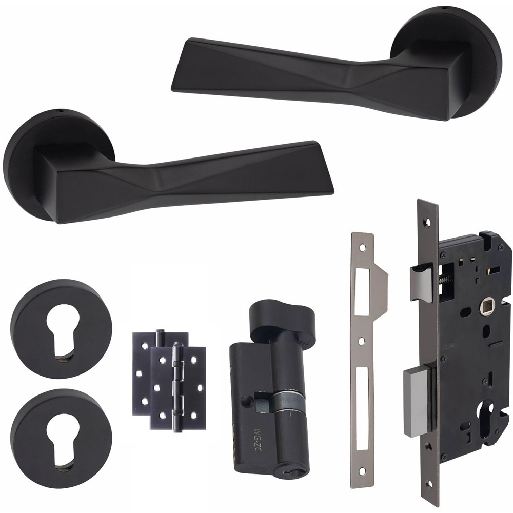Golden Grace Modern Aura Matt Black Euro Lock Handles Set