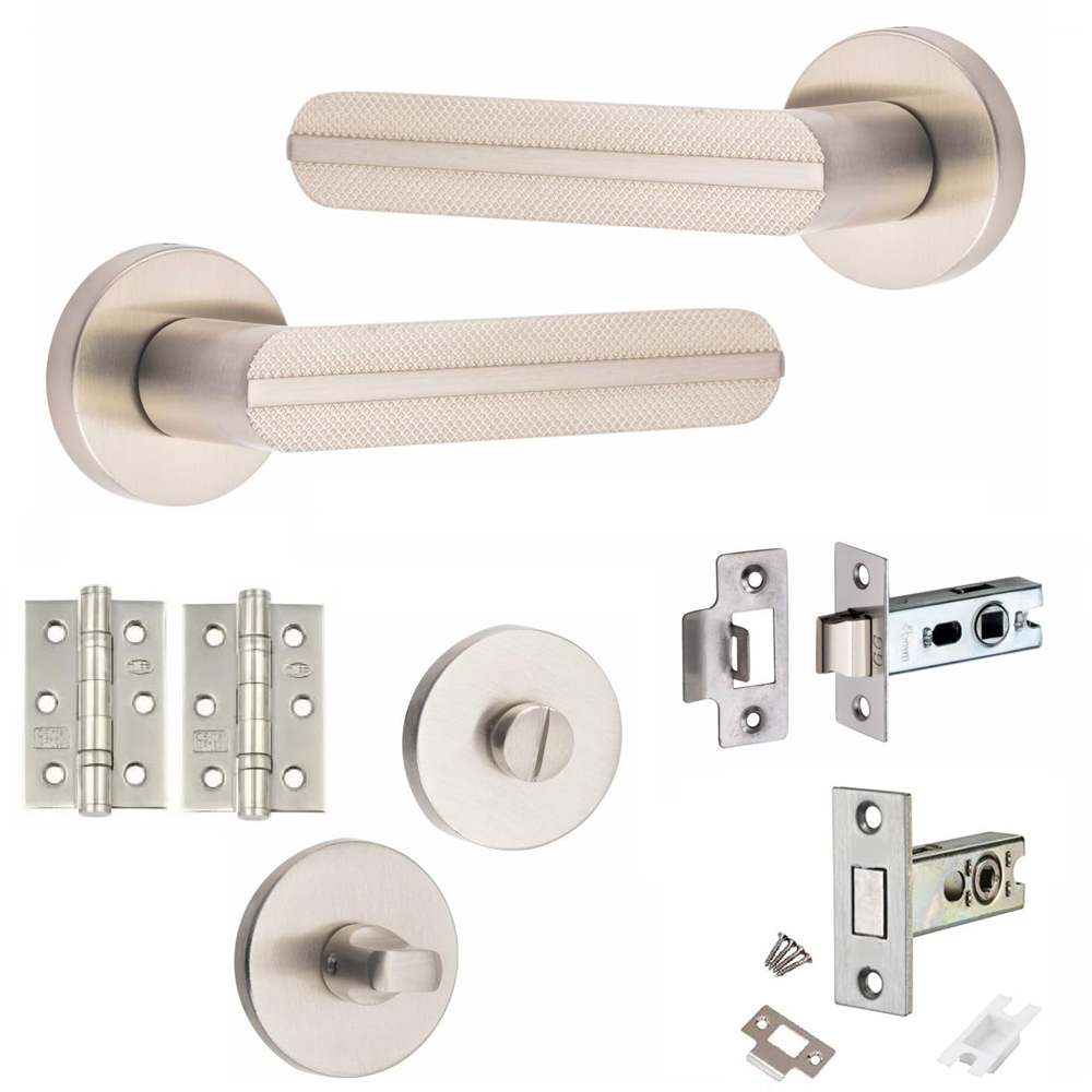Golden Grace Satin Nickel Modern Lima Knurled Bathroom Door Handle Set