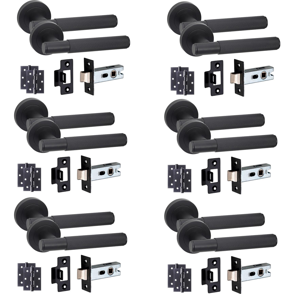 Golden Grace Straight T-Bar Linear Matt Black Door Handles and Latch Set 6 Pack