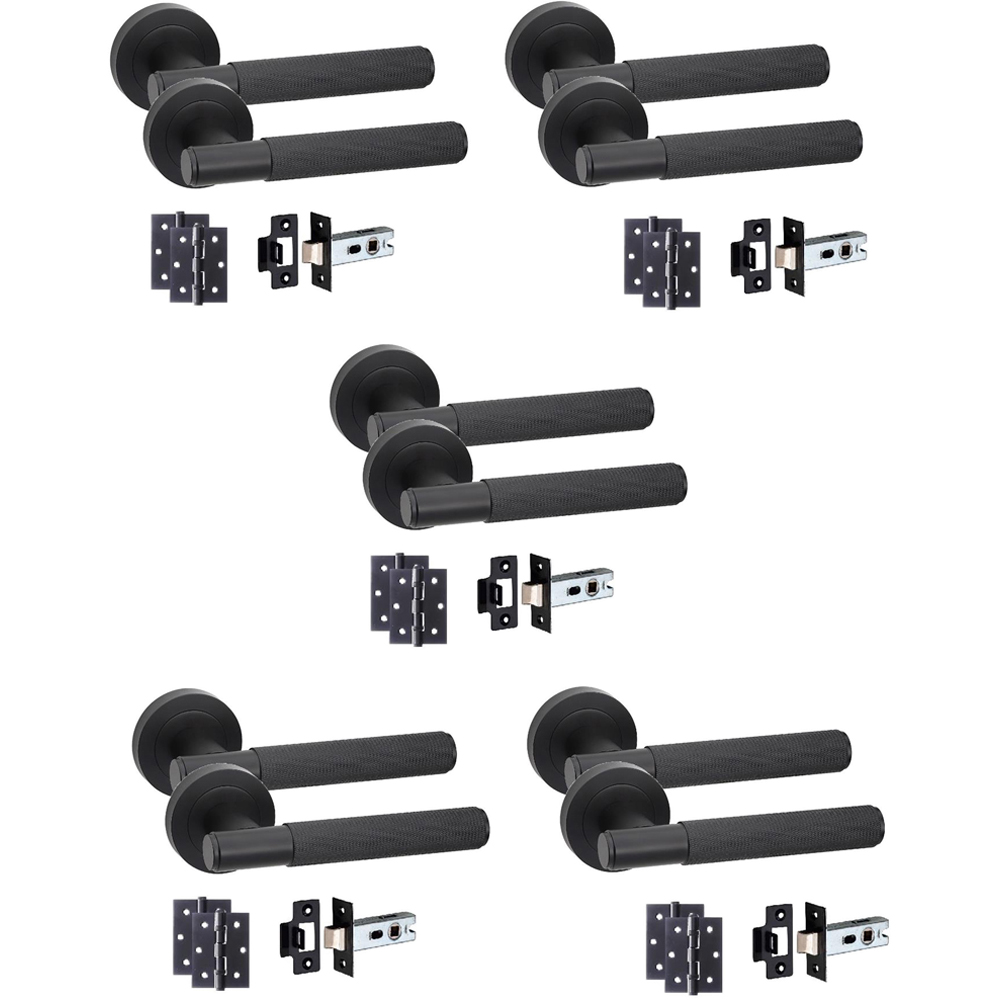Golden Grace Knurled T-Bar Matt Black Door Handles Latch and Ball Bearing Set 5 Pack