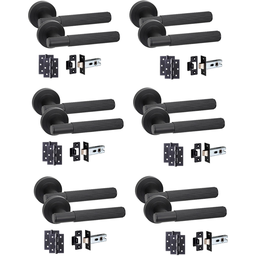 Golden Grace Knurled T-Bar Door Matt Black Handles Latch and Ball Bearing Set 6 Pack
