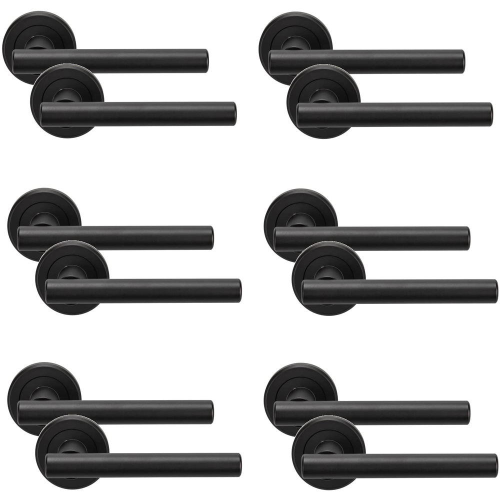 Golden Grace Round Rose Matt Black Finish Straight T-Bar Bathroom Door Handle Set 6 Pack