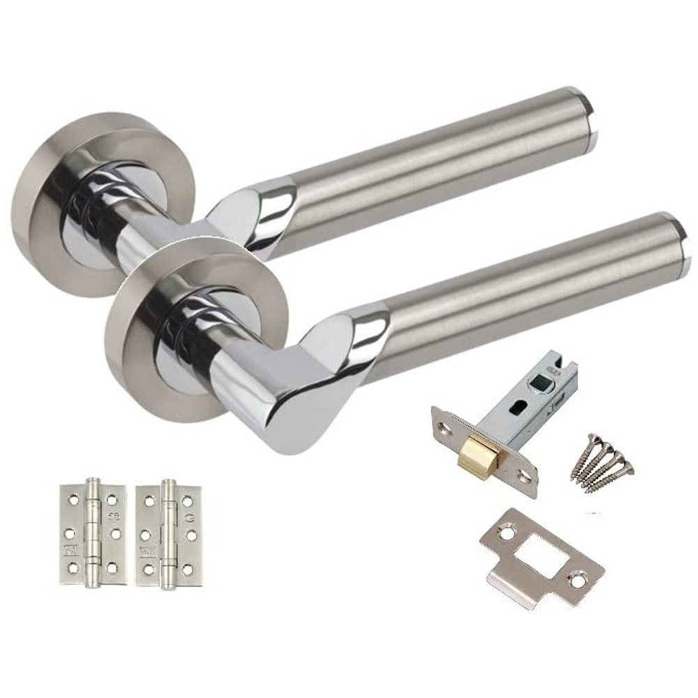 Golden Grace Satin Nickel and Polished Chrome Titan Modern Bathroom Door Handle Set 5 Pack