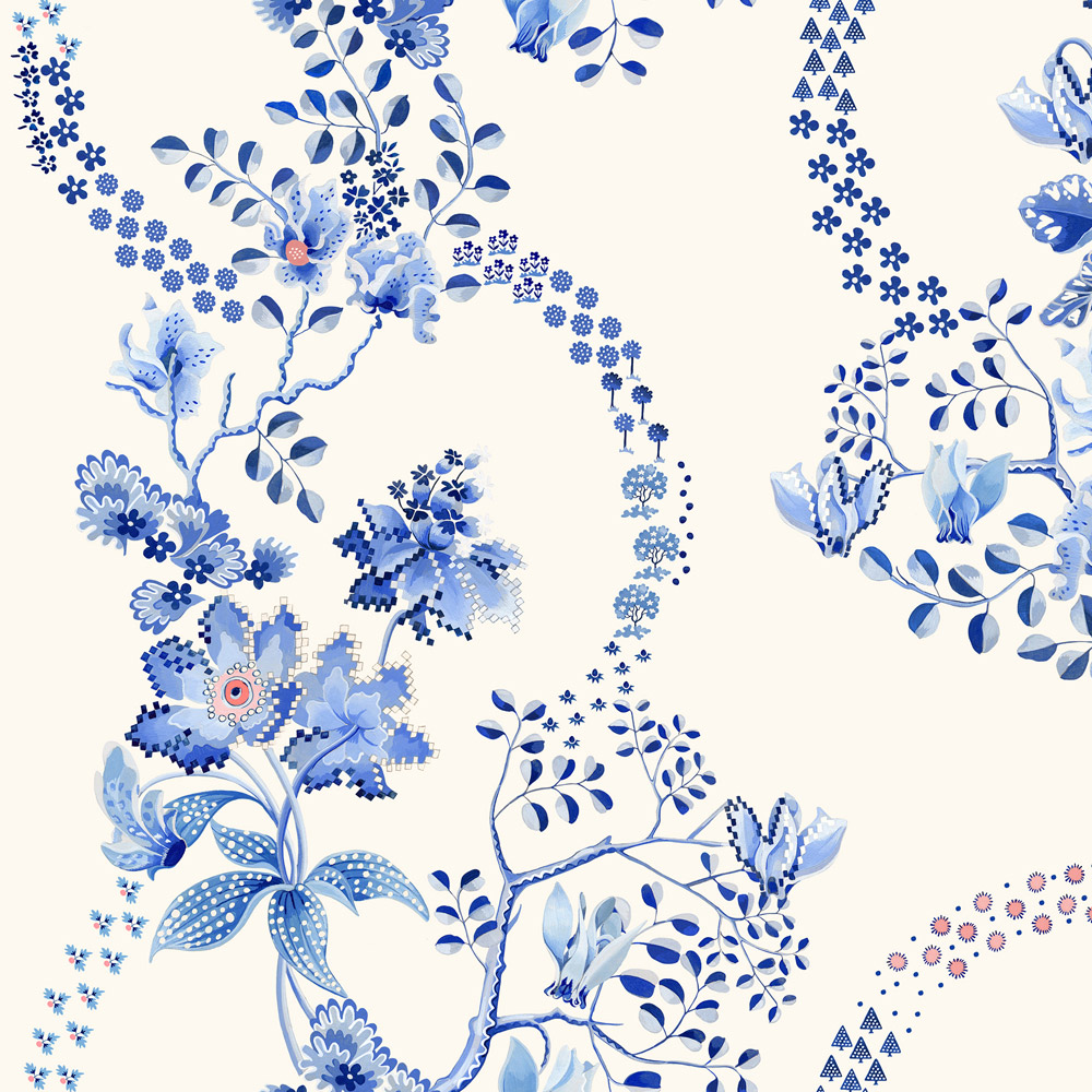 Cath Kidston Road Floral Blue and White Wallpaper
