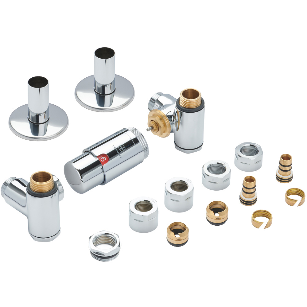 Terma Vario Chrome Left Sided Integra 3 Axis Thermostatic Radiator Valve Set with Integrated T Piece