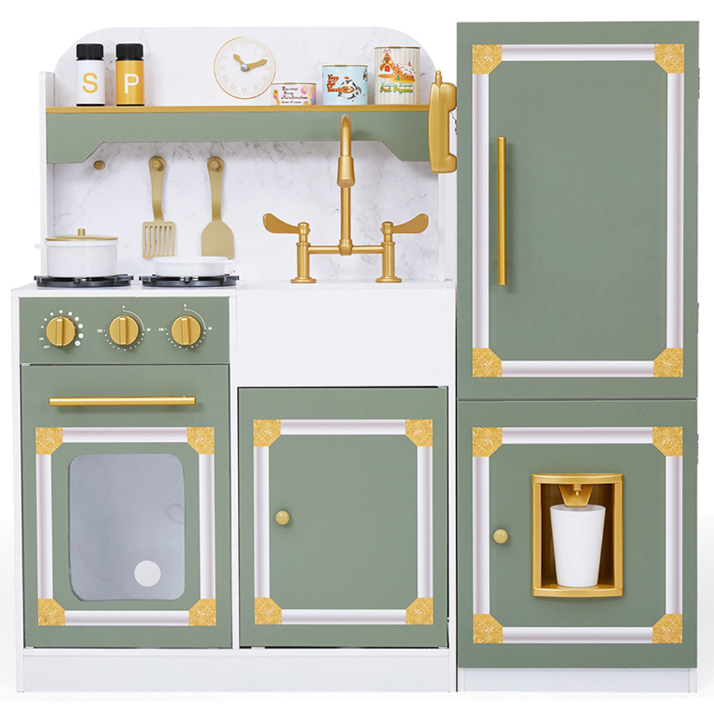 Teamson Kids Versailles Deluxe Classic Olive Green Play Kitchen - Wooden Toy Icemaker Clicking Oven Knobs - Gold Accents - 17 Accessories