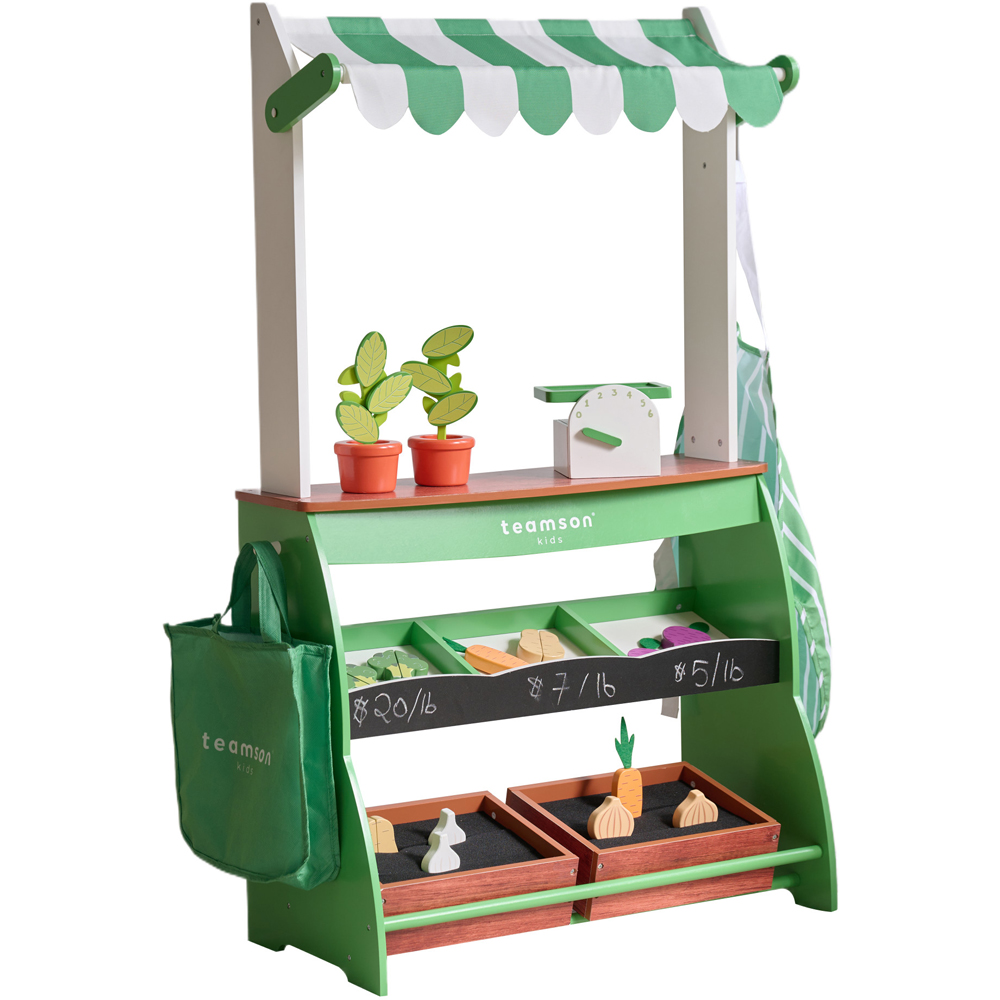 Teamson Kids Vermont Green Farmer's Market Play Stand - Wooden Role Play Stall with Storage and Working Scale for Kids