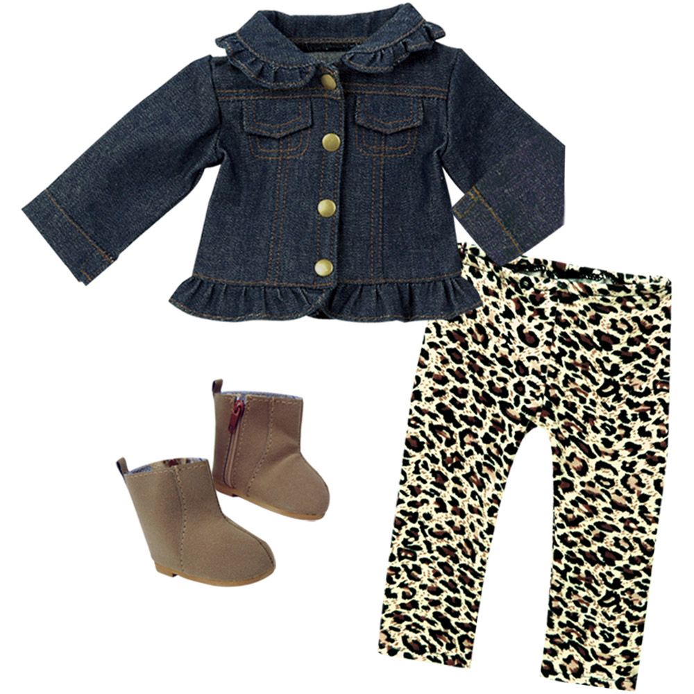 Teamson Kids Sophia's Blue Denim Jacket Animal Print Leggings and Brown Boots Doll Outfit Set