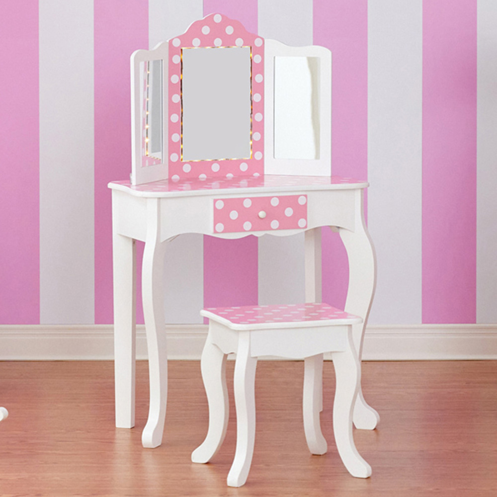 Teamson Kids Gisele Play Single Drawer Pink and White Polka Dot Prints LED Mirror Vanity Set