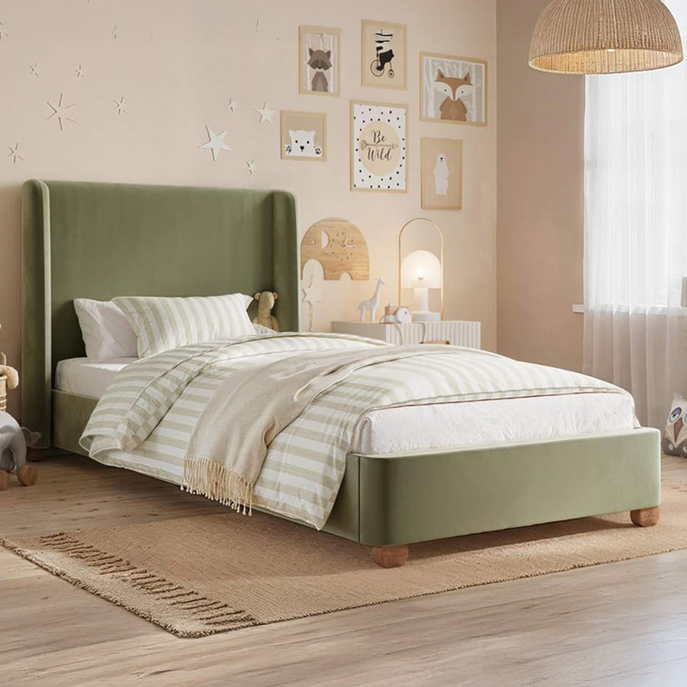 Flair Alma Single Olive Green Velvet Bed Frame with Winged Headboard