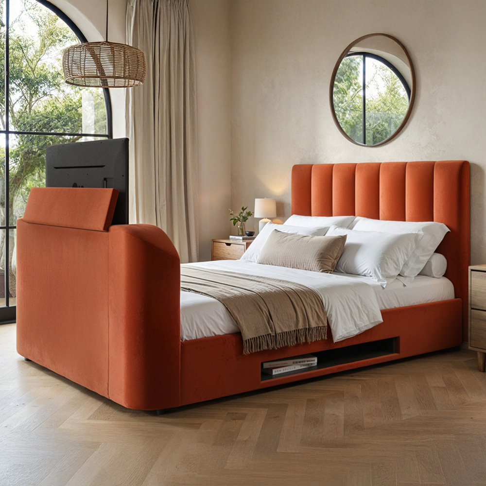 Flair Megane Double Burnt Orange Velvet Side Lift TV Ottoman Bed