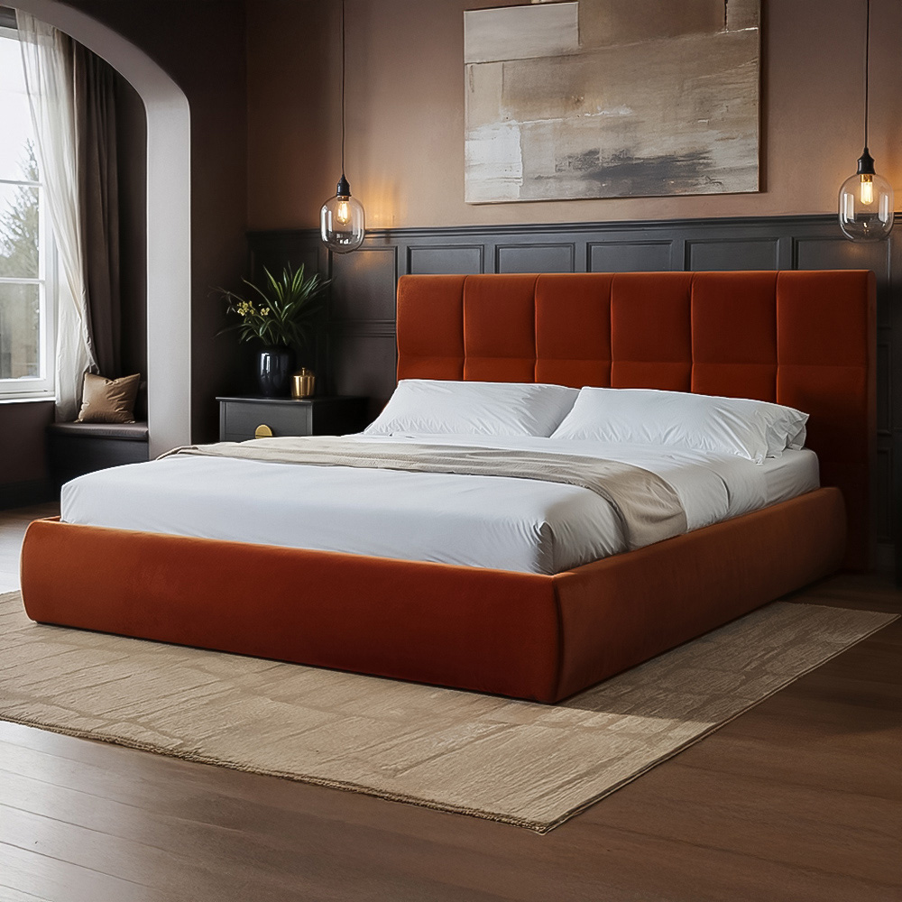 SOLACE+CO Mika King Size Burnt Orange Velvet Ottoman Bed