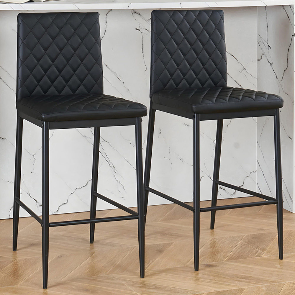 Living and Home Black Diamond-Quilted PU Leather Upholstered Bar Stool Set of 2