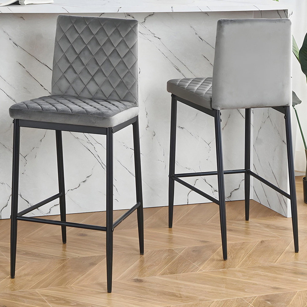 Living and Home Grey Diamond-Quilted Velvet Upholstered Bar Stool Set of 2