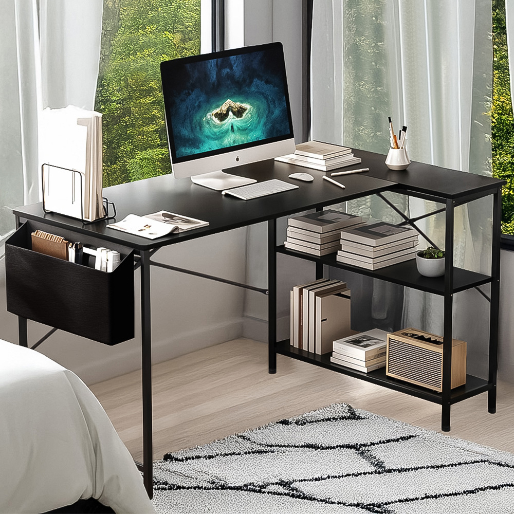 Living and Home 2 Shelf Black L-Shaped Office Desk with Storage Bag