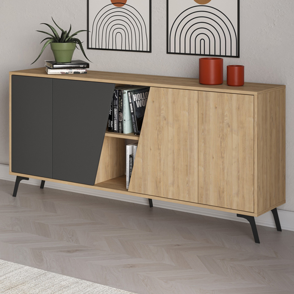 Decortie Fiona Sideboard - 4 Door, 2 Shelf, Oak and Anthracite Grey