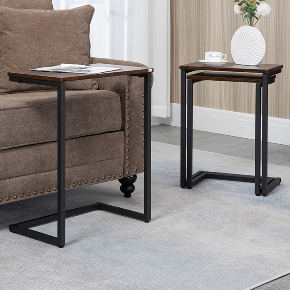 HOMCOM Rustic Brown C-Shaped Nest of Tables Set of 3