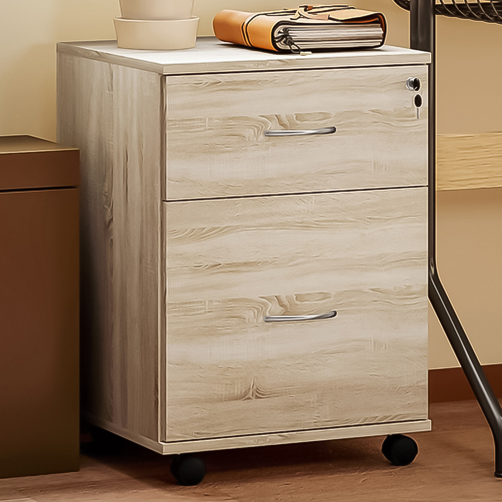 HOMCOM 2 Drawer Mobile Filing Cabinet - Oak Wood - Lockable - Wheeled - White
