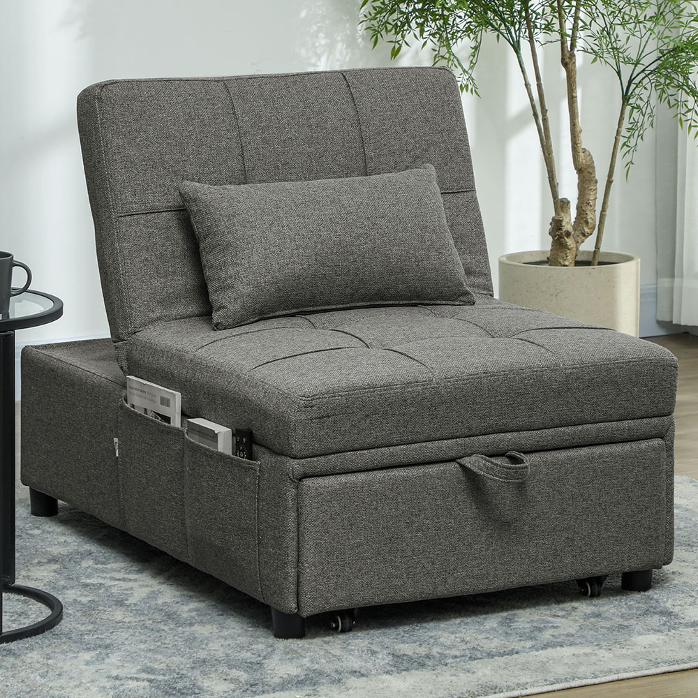HOMCOM 4-in-1 Sleeper Chair Bed - Charcoal Grey - Pull Out - Pockets - 11cm Foam Padding