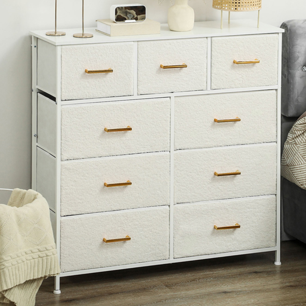 HOMCOM 9 Drawer Chest of Drawers - Cream Boucle Fabric - Gold Handles - Cosy & Refined Storage