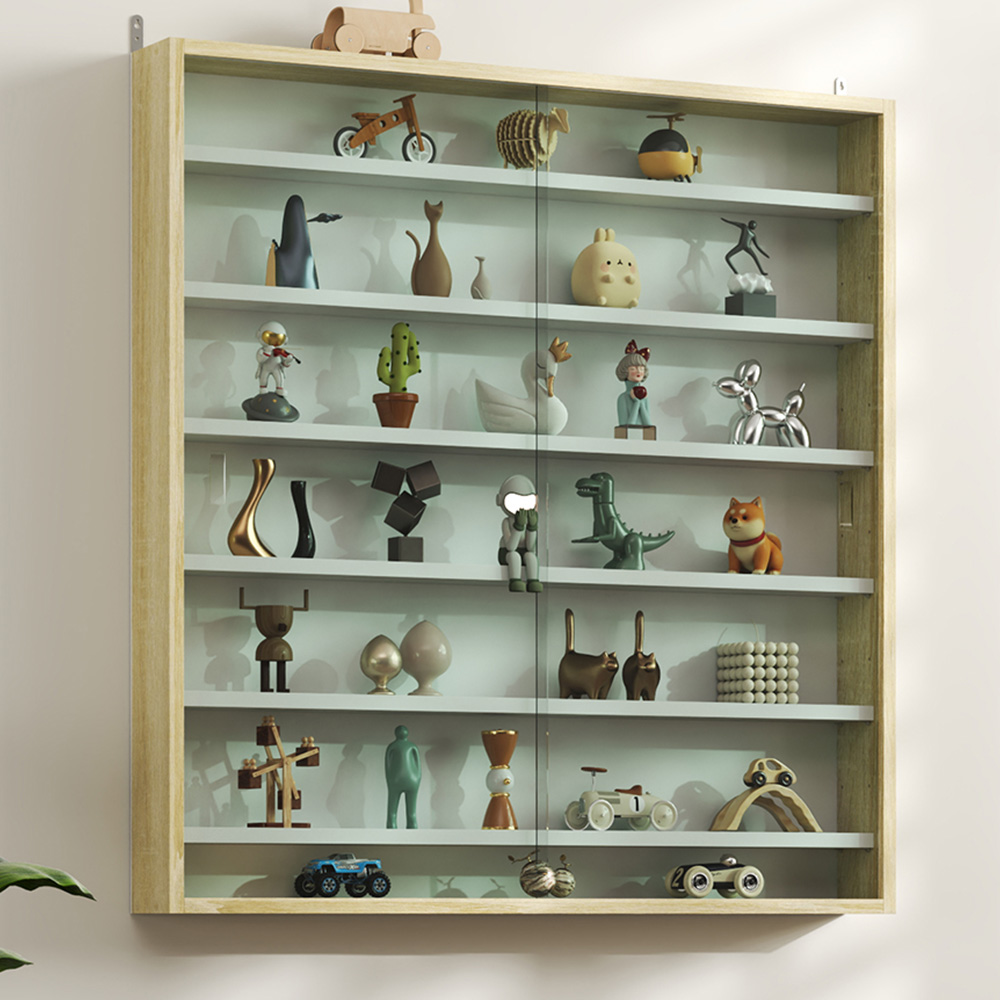 HOMCOM 7-Tier Wall Display Cabinet - Oak Finish - Glass Doors - White