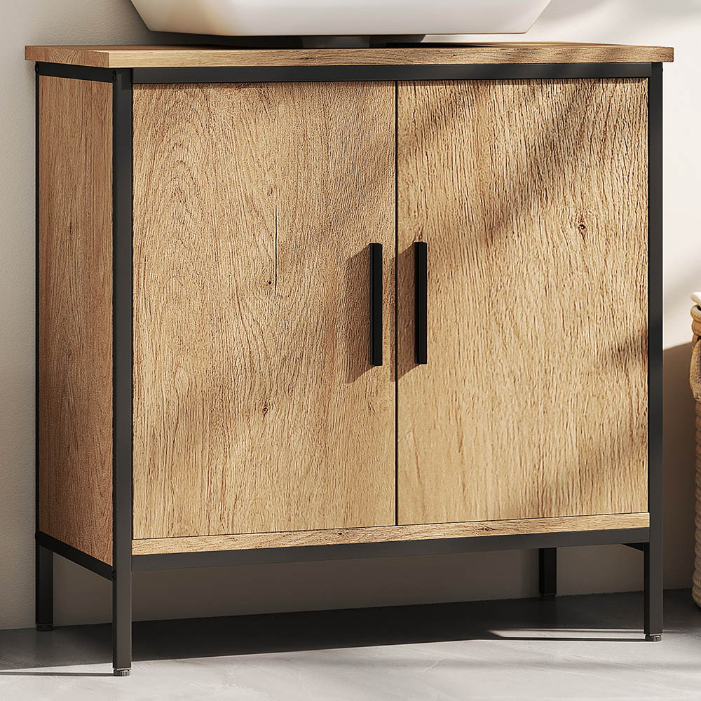 HOMCOM Oak Under Sink Bathroom Cabinet - Adjustable Shelf - Black