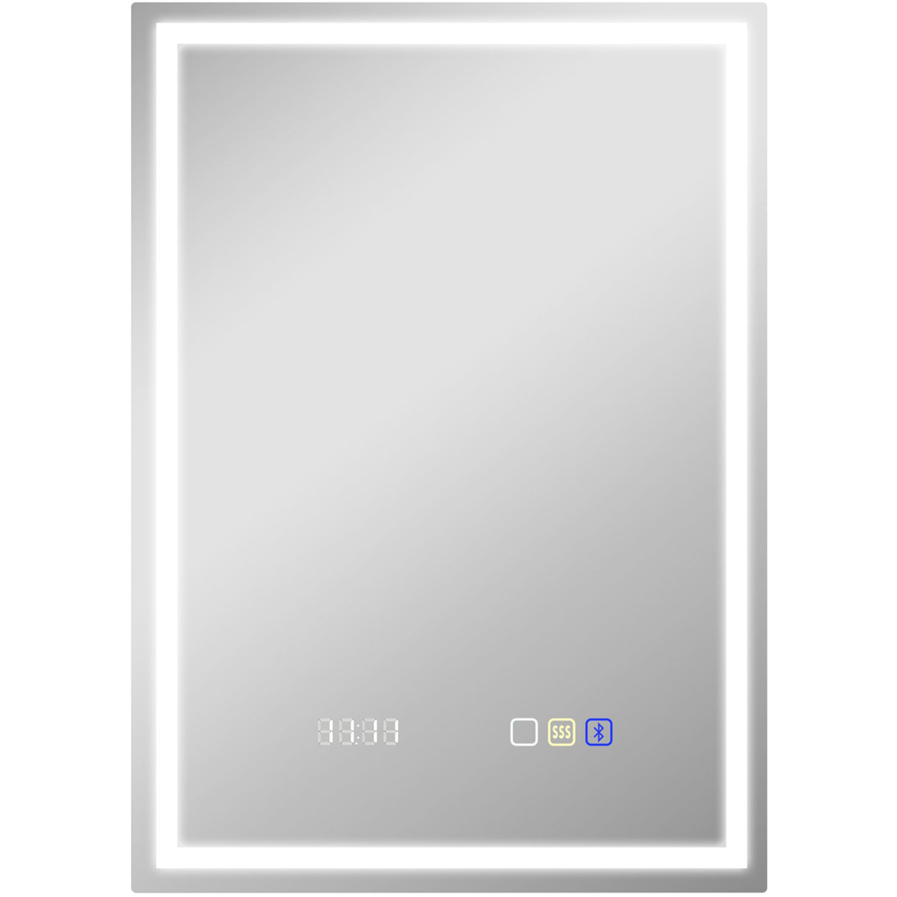 HOMCOM Rectangle Frameless LED Bathroom Mirror - Bluetooth Clock - Demister Pad - 50 x 70cm - Silver