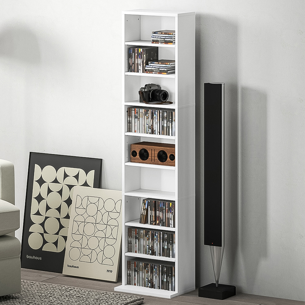 HOMCOM 9 Shelf White DVD and CD Media Storage Unit - Slim Design, Melamine Coating, Adjustable Shelves