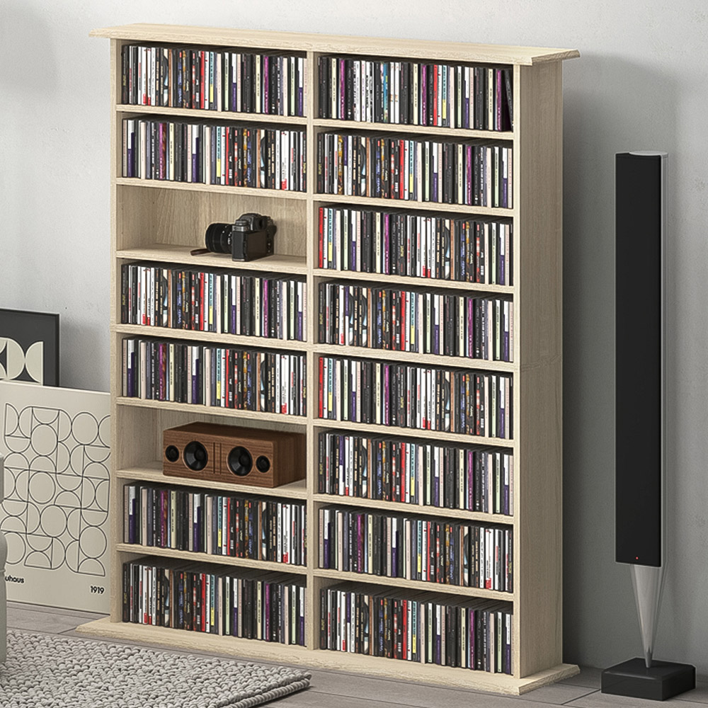 HOMCOM 16 Shelf DVD and CD Media Storage Unit - Natural Wood - Brown