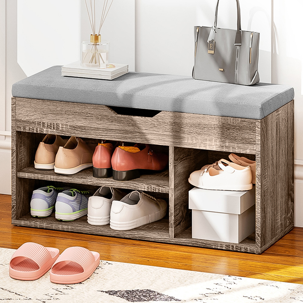 HOMCOM 3 Shelf Grey Sit On Shoe Rack Bench with Hidden Compartment