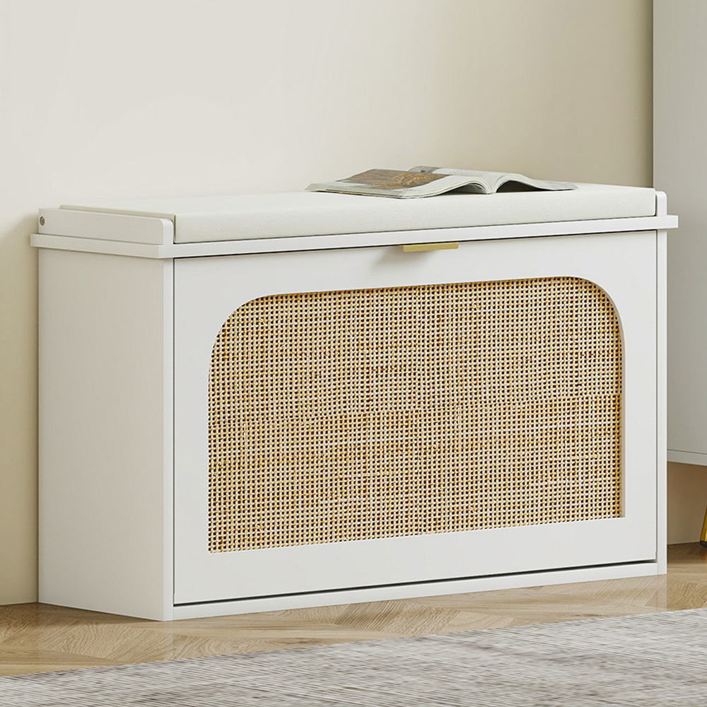 HOMCOM Single Flip Down Drawer White Boho Rattan Shoe Rack Bench