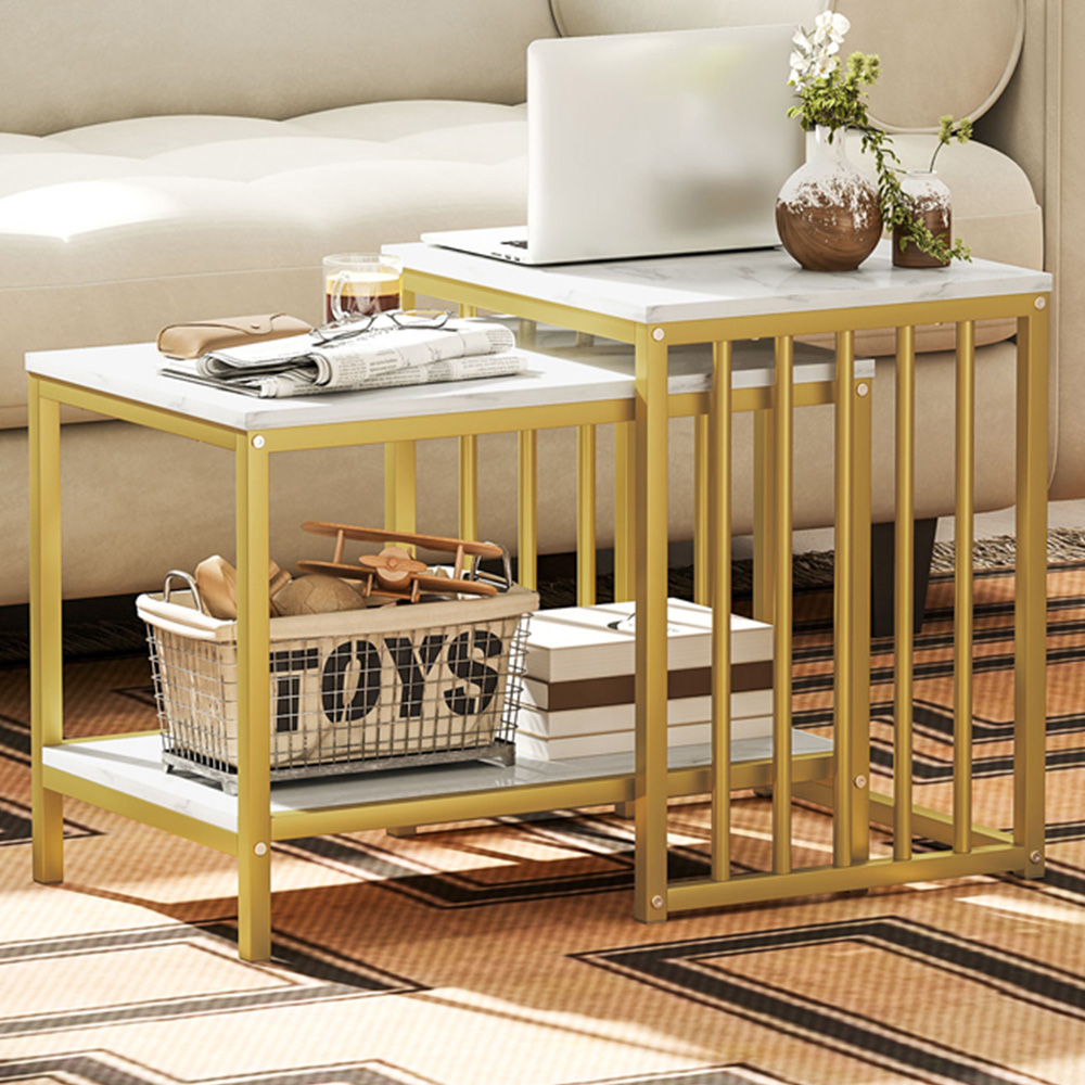 HOMCOM Marble Effect and Gold Tone Nest of Tables Set of 2