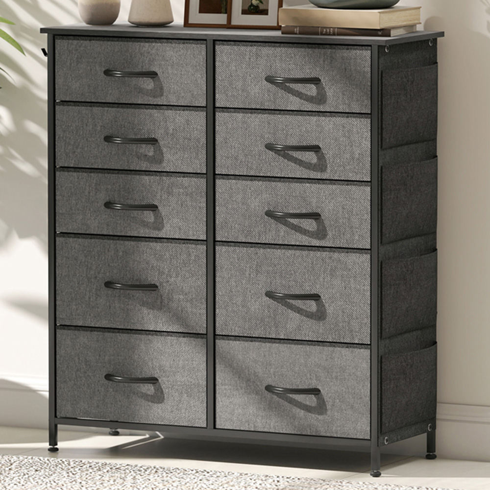 HOMCOM 10 Drawer 4 Side Pockets 2 Hooks Charcoal Grey Fabric Chest of Drawers - Wilko