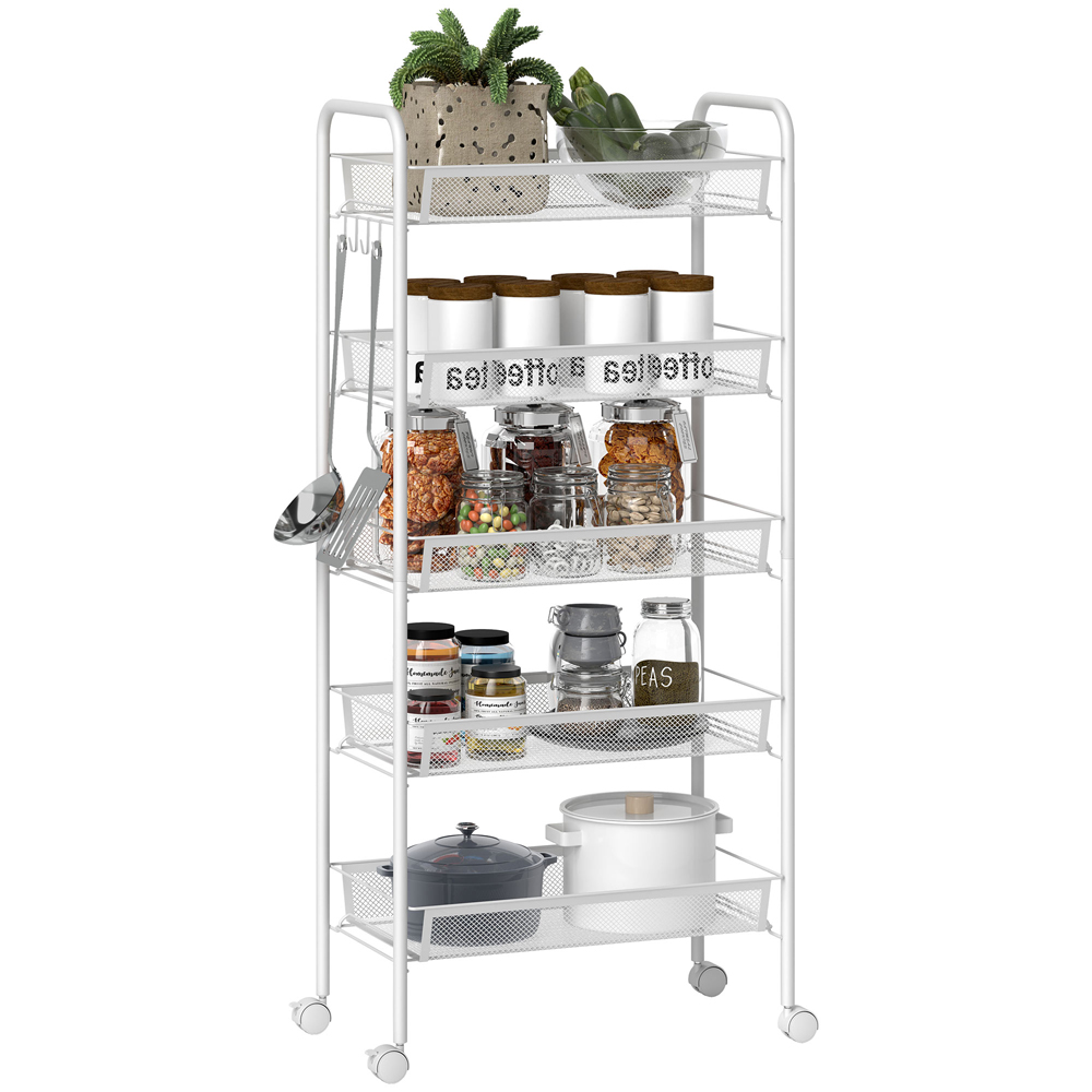 HOMCOM 5-Tier White Utility Rolling Cart - Steel Mesh Baskets