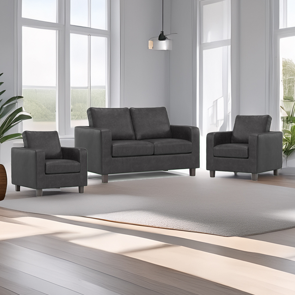 York 4 Seater Black Faux Leather Sofa Suite