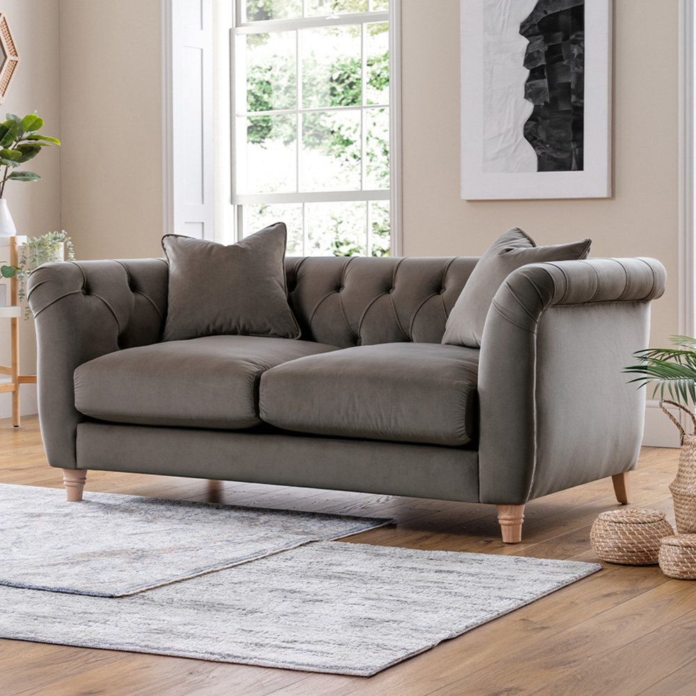 Elsie Chesterfield 2 Seater Mushroom Plush Velvet Sofa