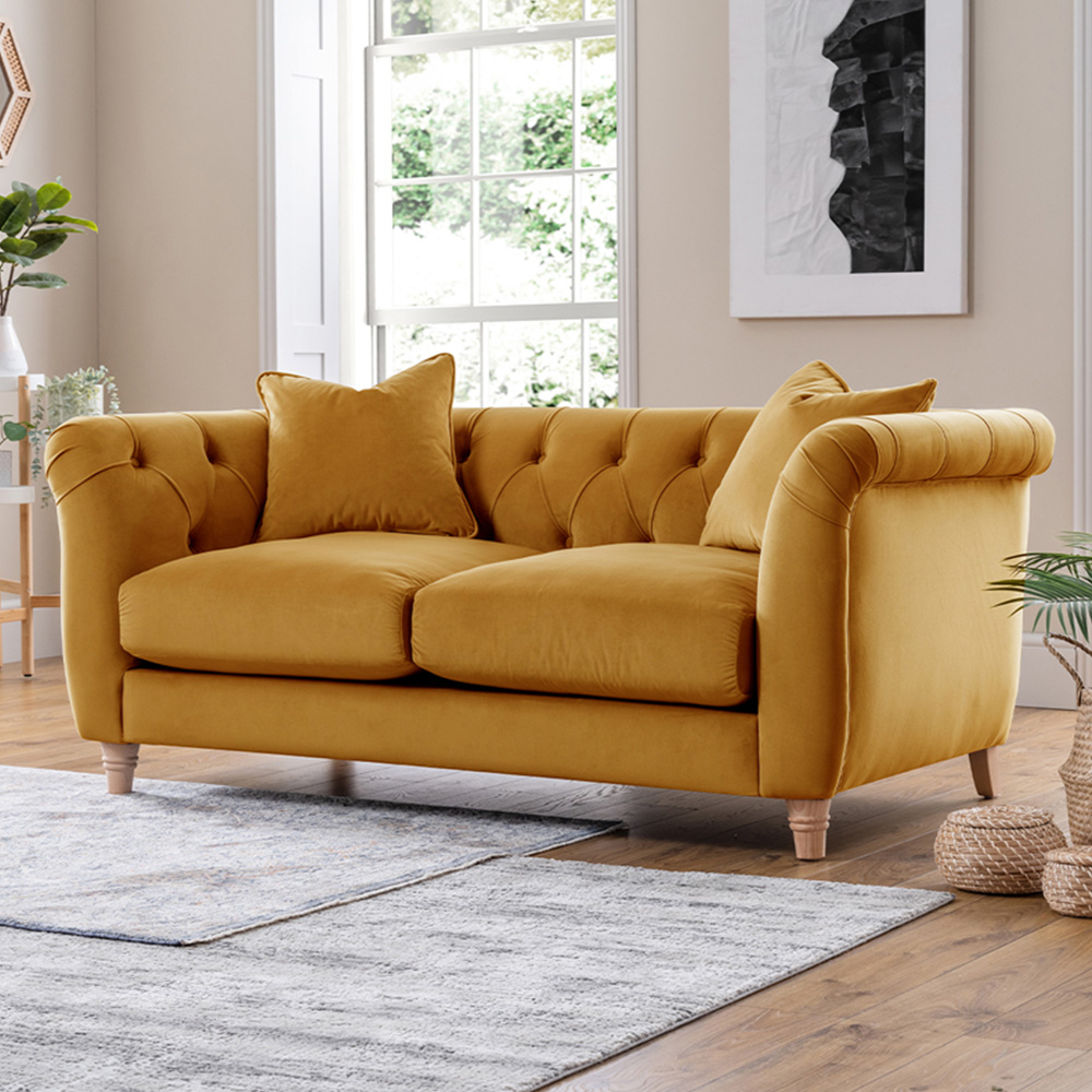 Elsie Chesterfield 2 Seater Ochre Plush Velvet Sofa