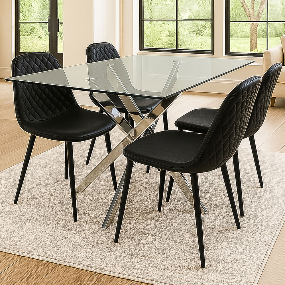 Kosy Koala 4 Seater Glass and Leather Rectangle Dining Table Set Chrome and Black