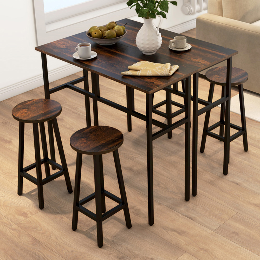 HOMCOM 4 Seater Brown Industrial Style Customisable Bar Table and Stool Set
