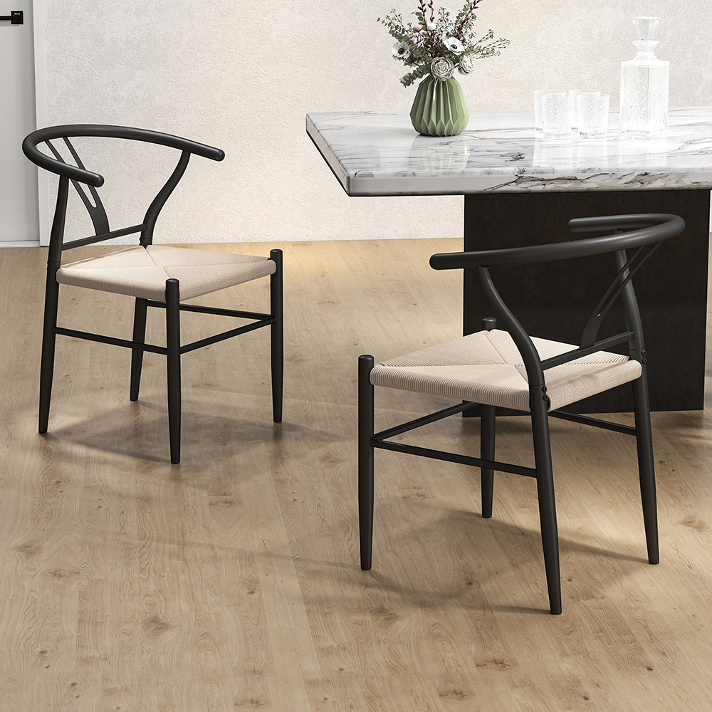 HOMCOM Set of 2 Black Weave Y-Shaped Back Dining Chair with Hemp Seat