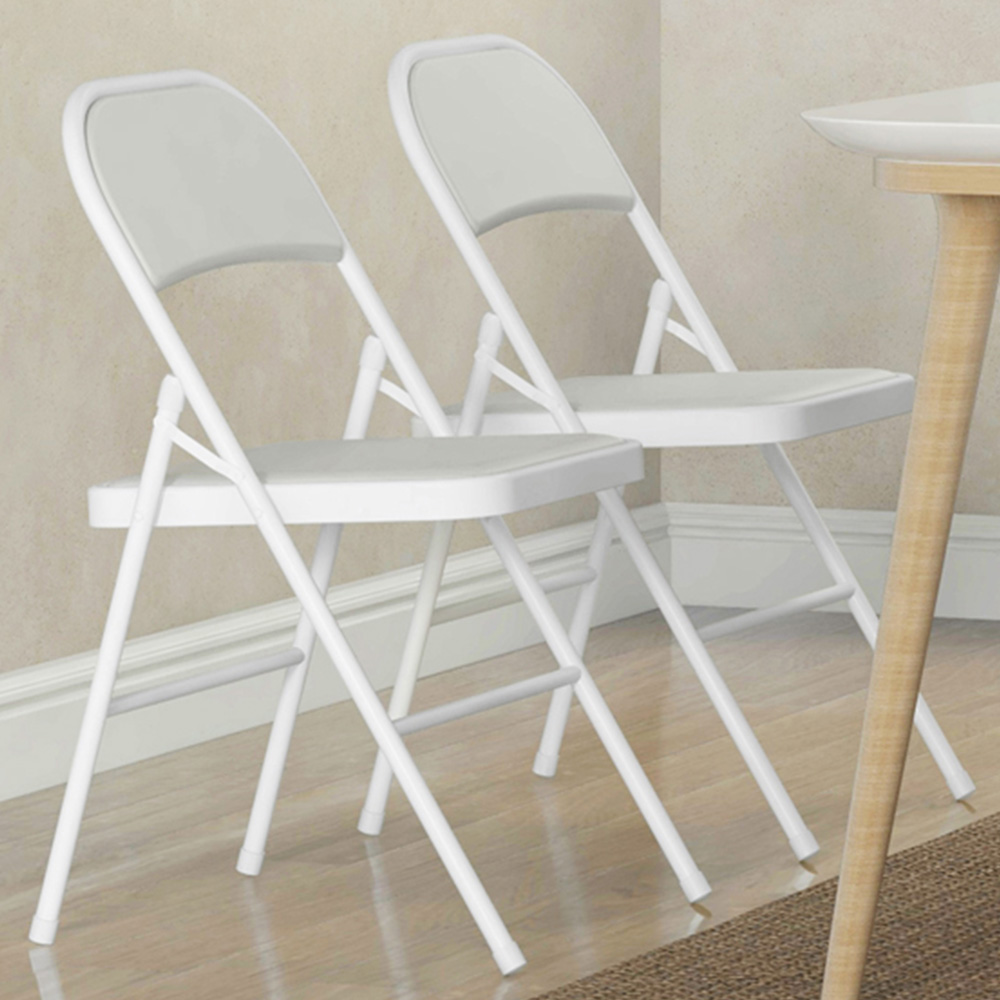 HOMCOM Set of 2 White Metal Frame Foldable Padded Chairs with Cushioned Seat