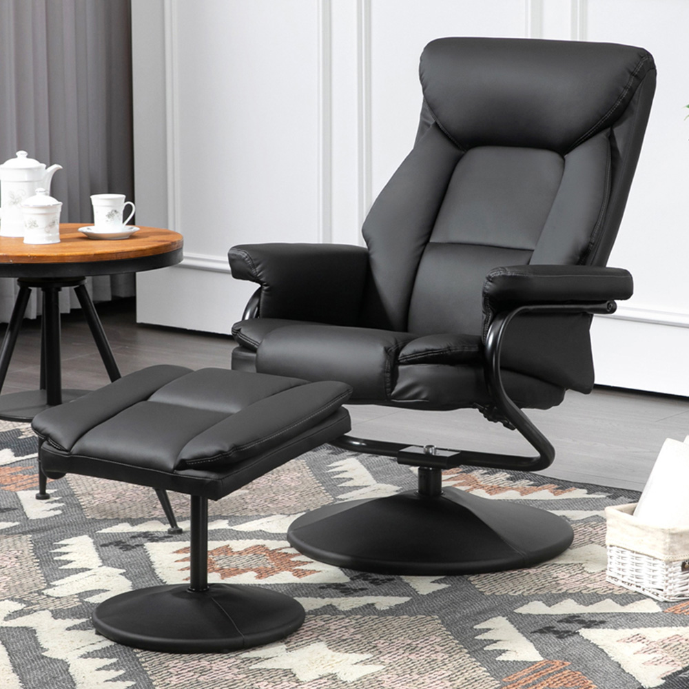 HOMCOM Black PU Leather Swivel Recliner Armchair with Footstool